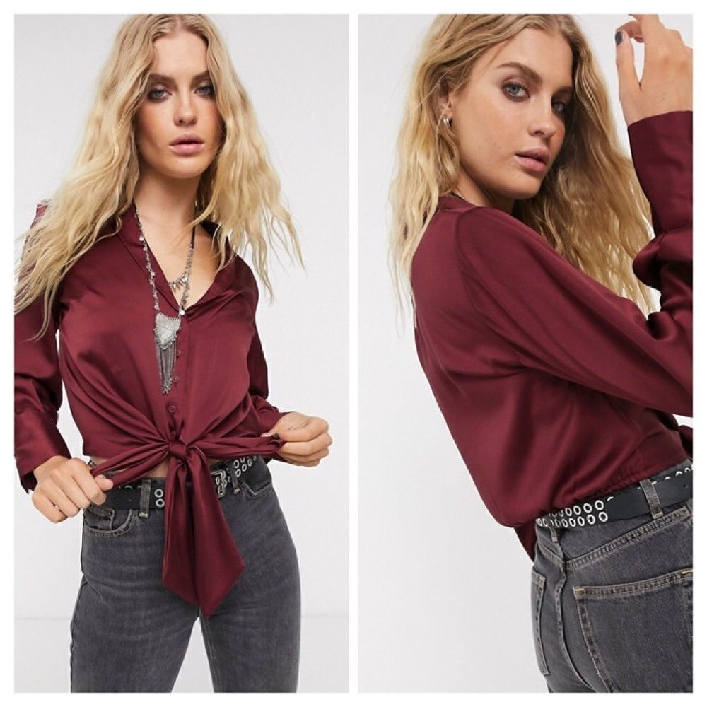 Topshop Tie Hem Satin Burgundy Top